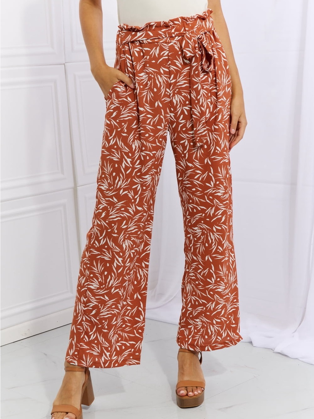 Rust Floral Leaf Print Paperbag Waist Wide Leg Pants with Matching Tie Belt